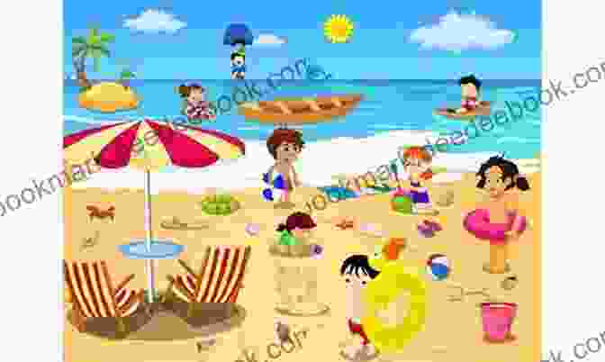 A Wider View Of The Beach Scene From The Previous Image. The Illustration Depicts A Group Of Young People Enjoying A Day At The Beach, Playing In The Sand, Surfing, And Sunbathing. Illustration Like Photo Beach Bikini #1 Comic Touch